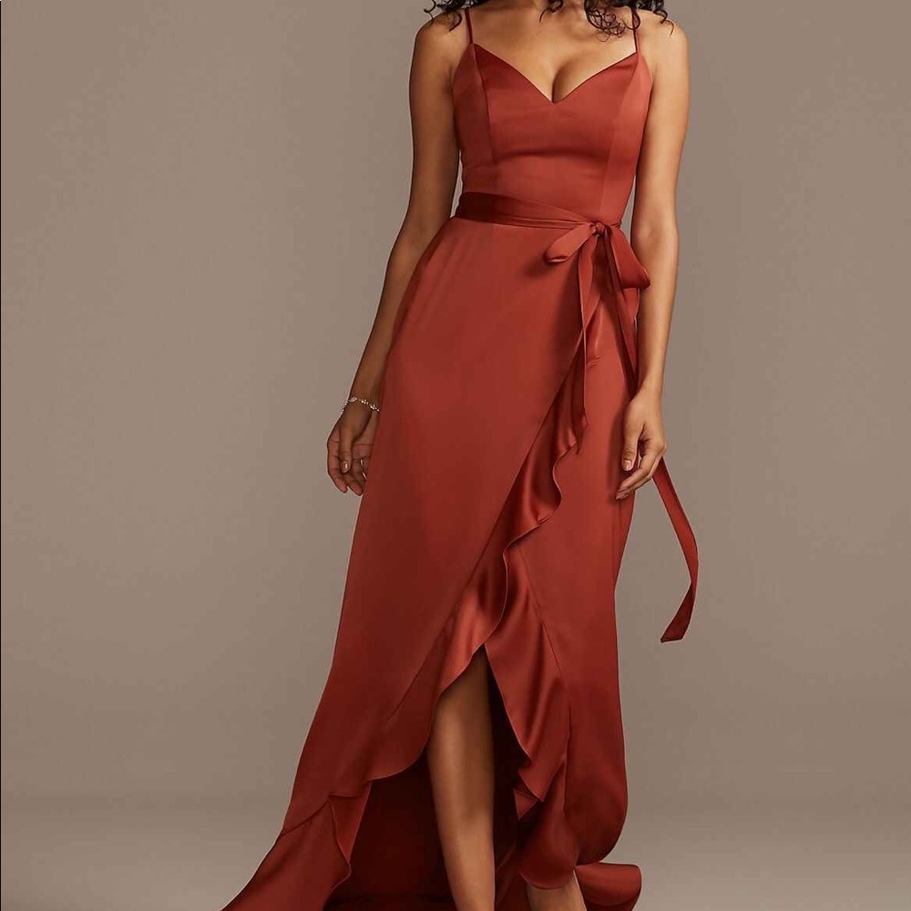 SPAGHETTI STRAP CREPE RUFFLE BRIDESMAID DRESS